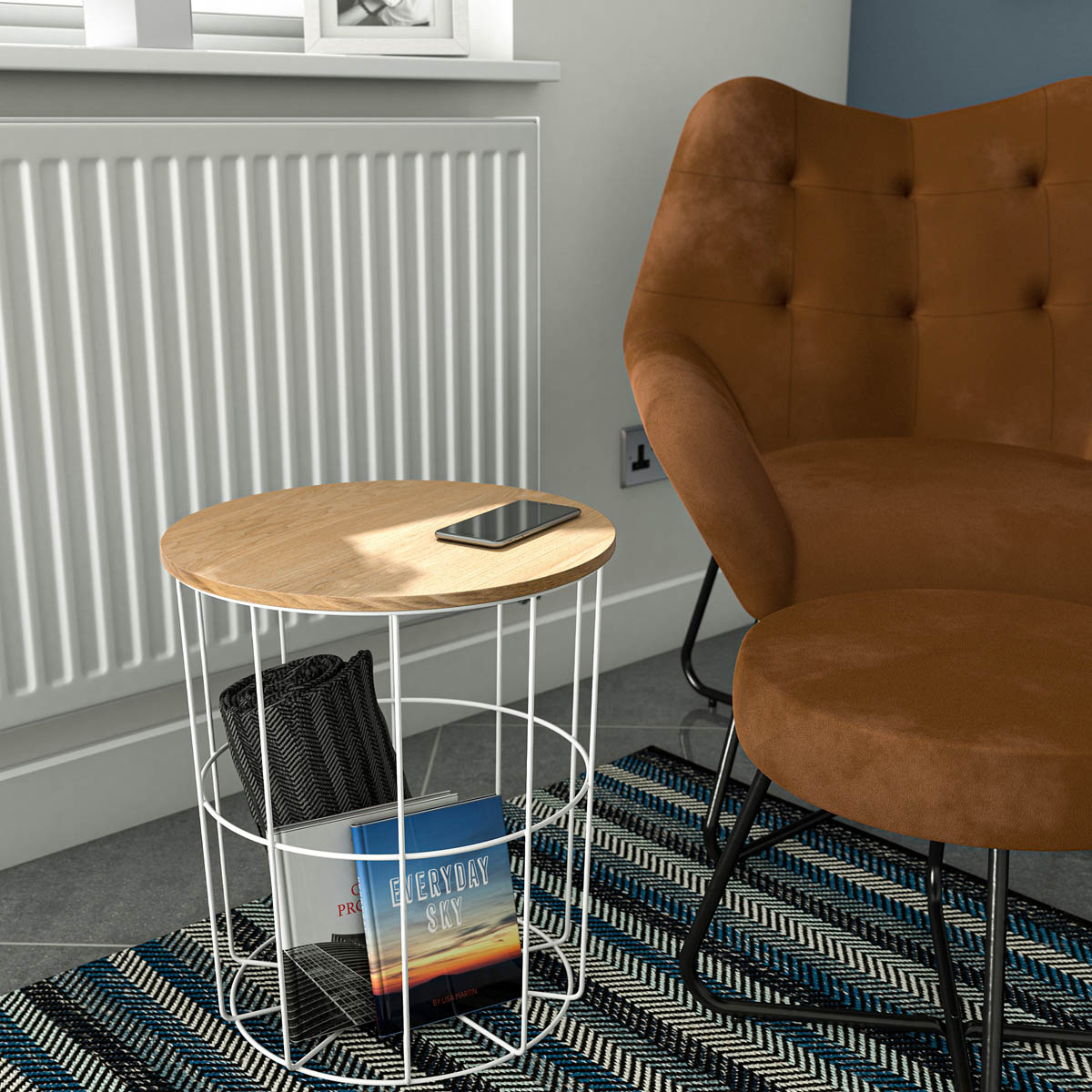 Side Table Round Ash Veneer White Sofa End With Storage Compact Living Room - Image 1