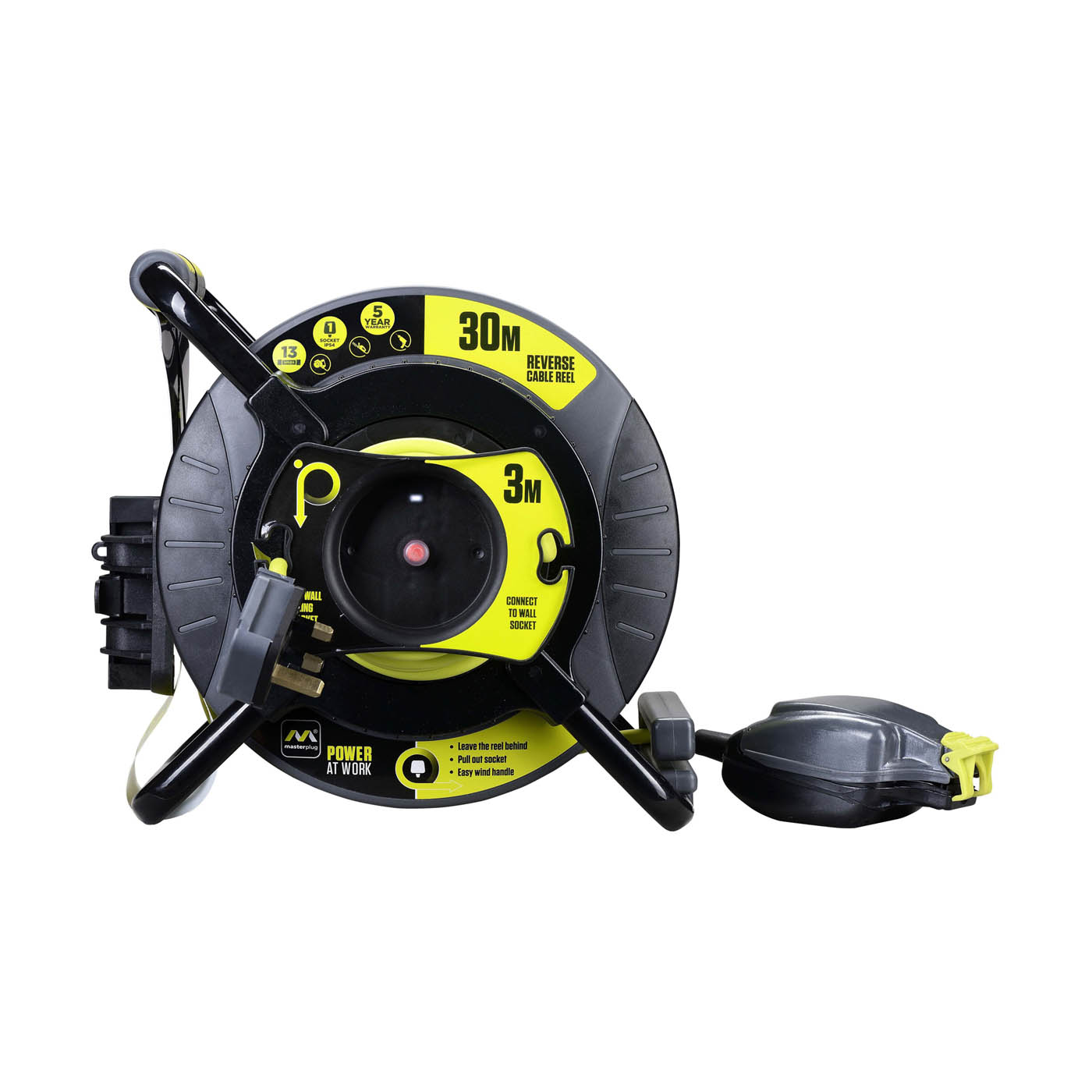 Masterplug IP54 Rated Reverse Anti Twist 1 socket Grey & green Indoor & outdoor Cable reel, 30m - Image 2