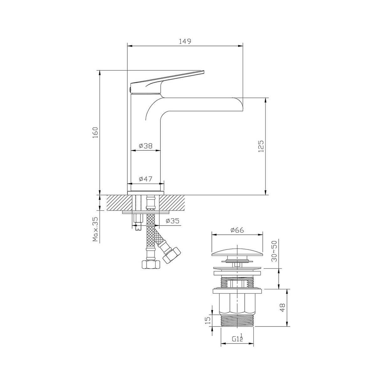 Bathroom Basin Tap Mixer Chrome Single Lever Clicker Waste Brass Modern Faucet - Image 2