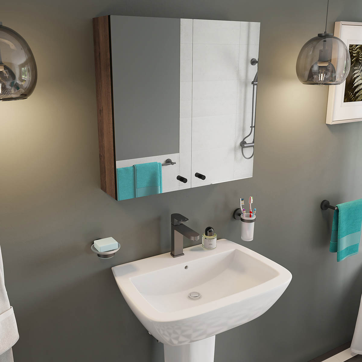 Mirrored Bathroom Cabinets Wall Mounted Double Door Matt Brown 60x60x18 - Image 7