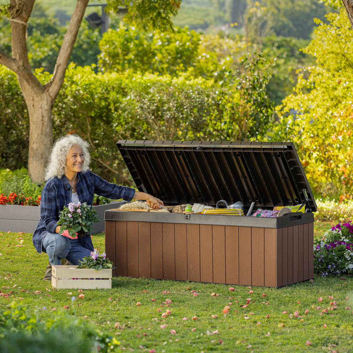 Keter Garden Storage Bench Seat Box 380L Brown Weatherproof Outdoor Chest - Image 2