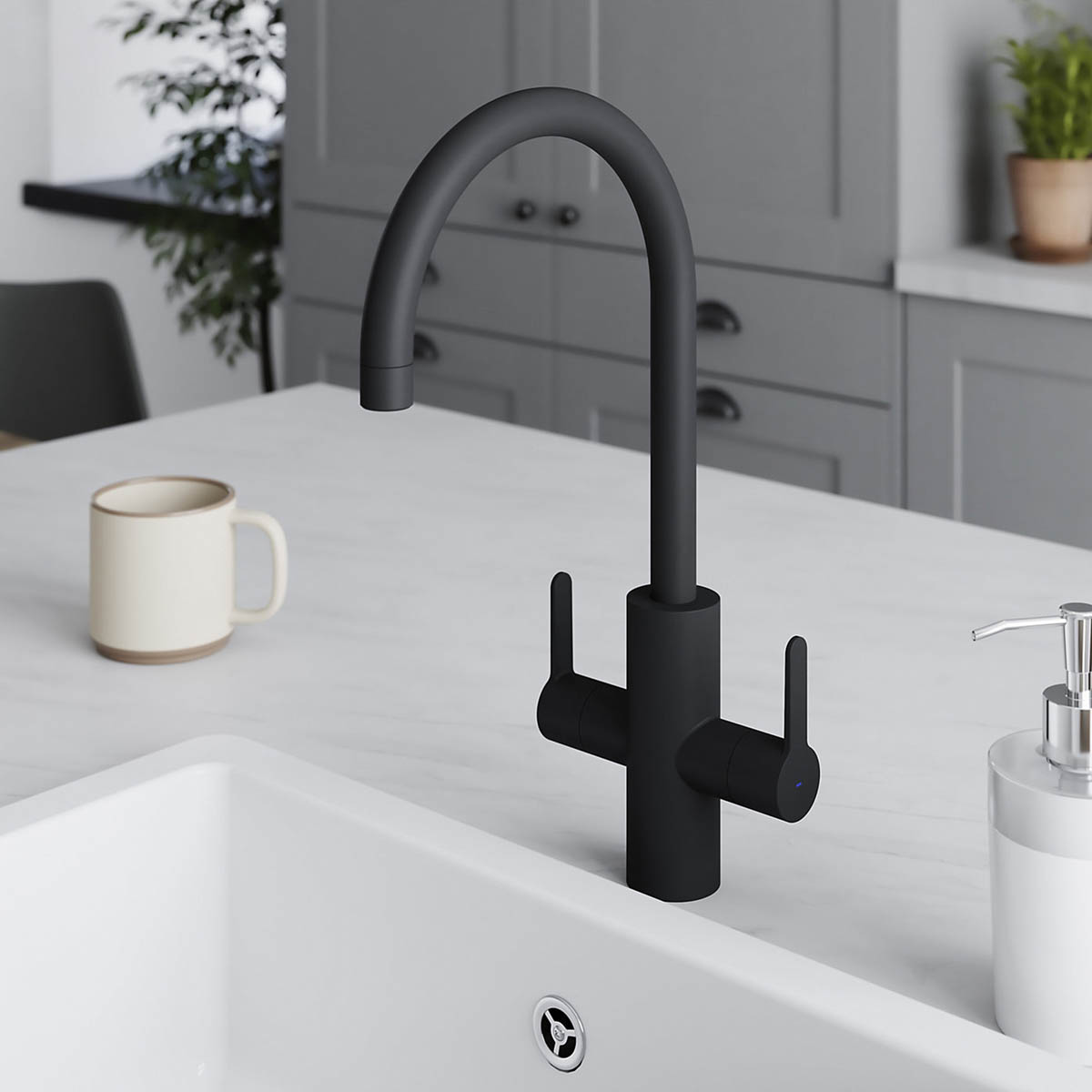 Kitchen Sink Tap Mixer Black Graphite Brass Dual Lever Swivel Spout Faucet - Image 2