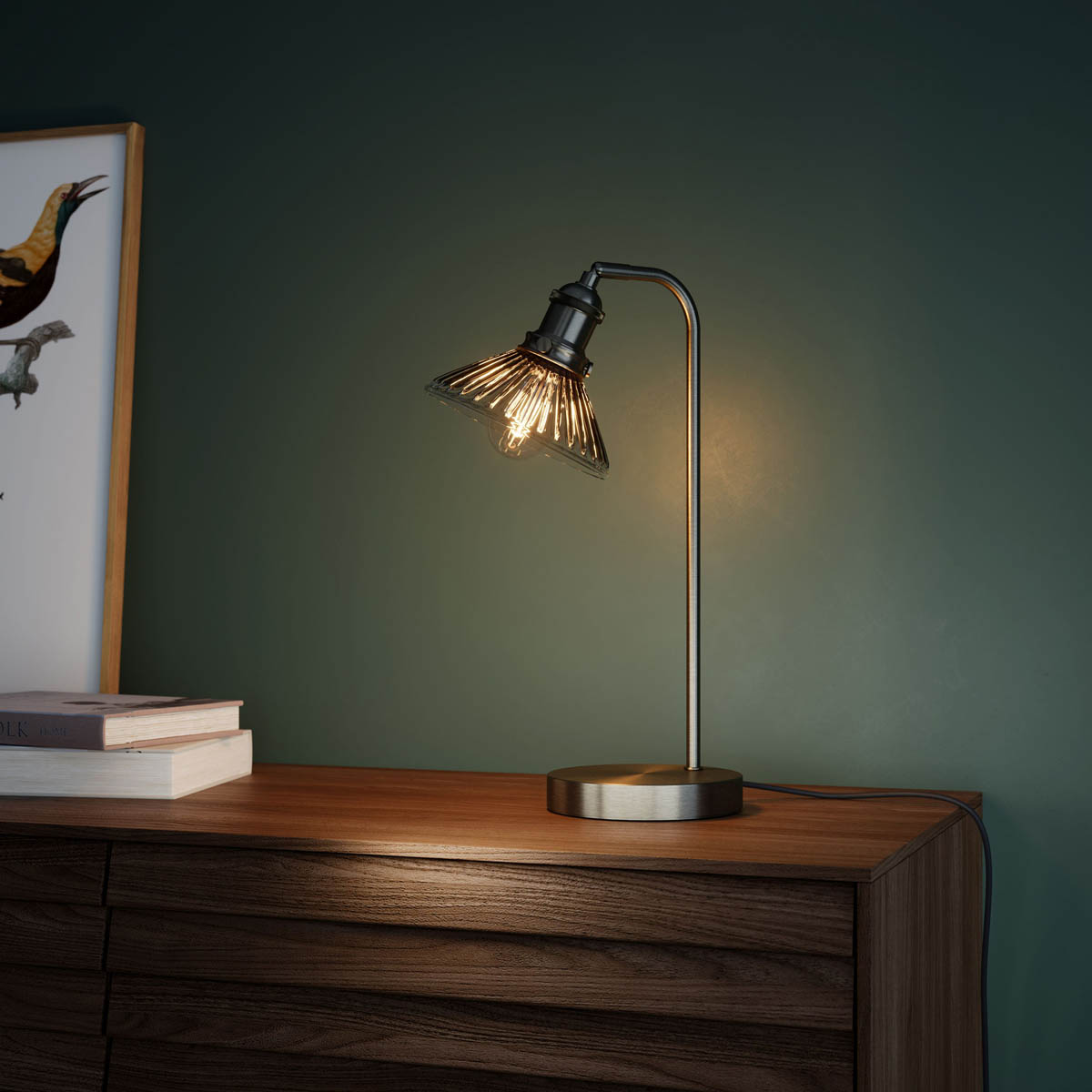 Table Lamp Brushed Metal Satin Pewter Effect Clear Glass Modern Industrial - Image 2