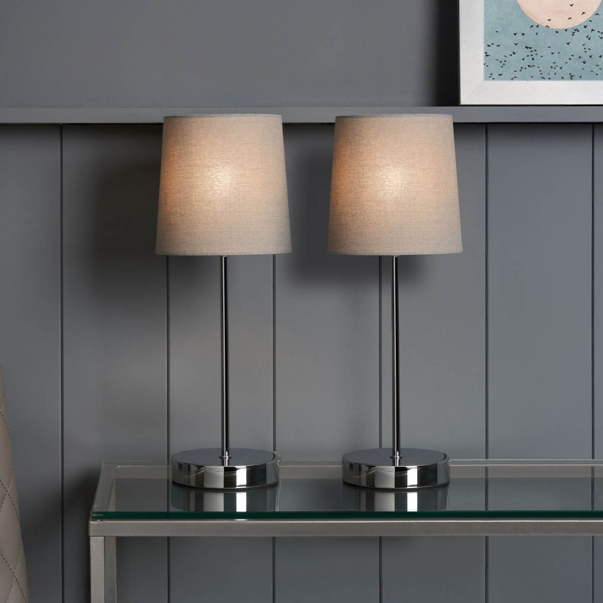 Inlight Table Lamp Pair Grey Round Polished Mirrored Chrome Effect Touch Control - Image 1