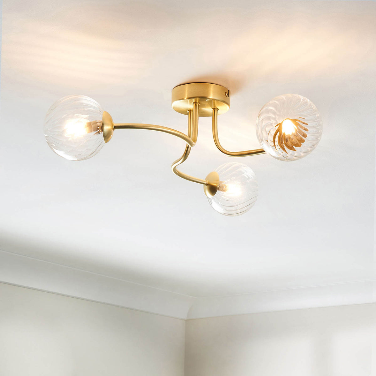Ceiling Light LED 3 Lamp Clear Ribbed Glass Satin Gold Steel Dimmable Modern - Image 1