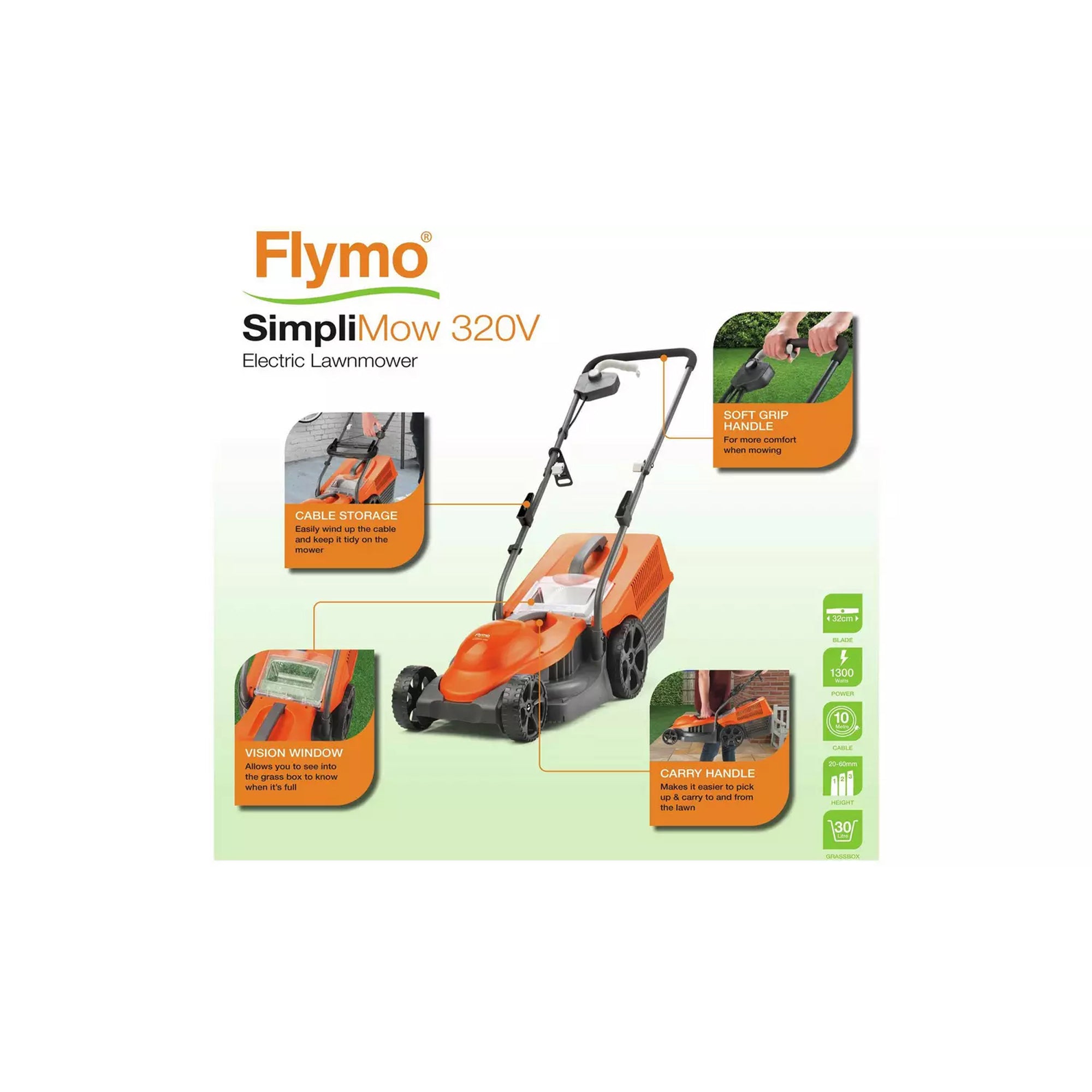 Flymo Rotary Lawnmower Electric 32cm Adjustable Height 30L Grass Box 320V - Image 2