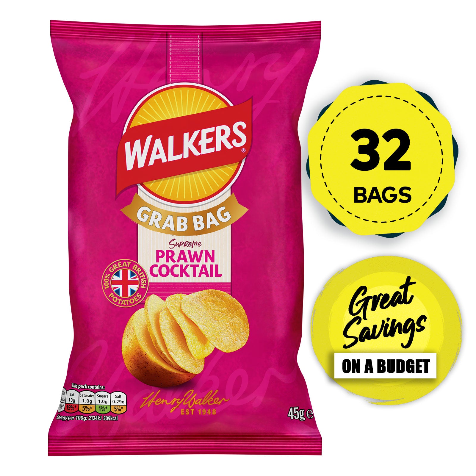 Walkers Prawn Cocktail Grab Bag Crisps 32 x 45g - Image 1