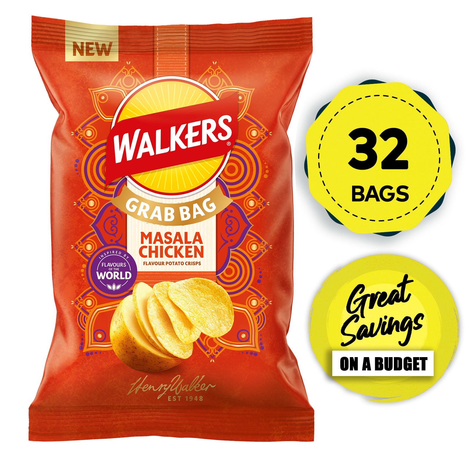 Walkers Crisps Masala Chicken Sharing Multipack 32 Bags x 45g - Image 1