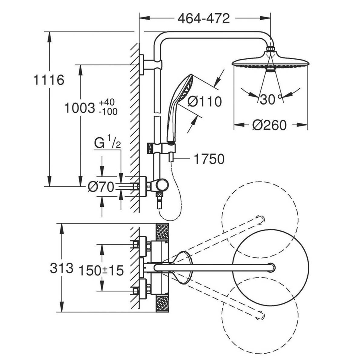 Grohe Thermostatic Shower Mixer Black 3 Spray Pattern Exposed Twin Round Head - Image 2