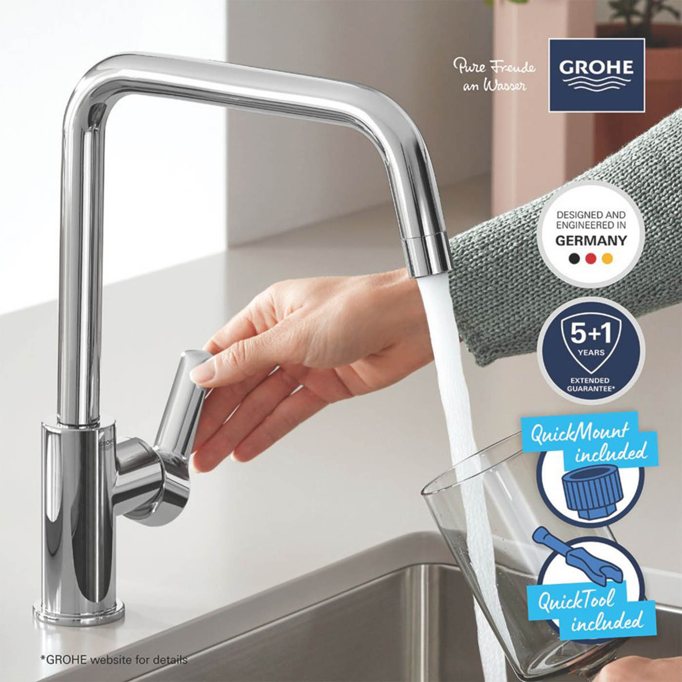 Grohe Kitchen Sink Tap Mono Mixer Chrome Single Lever Swivel Spout Modern Faucet - Image 2
