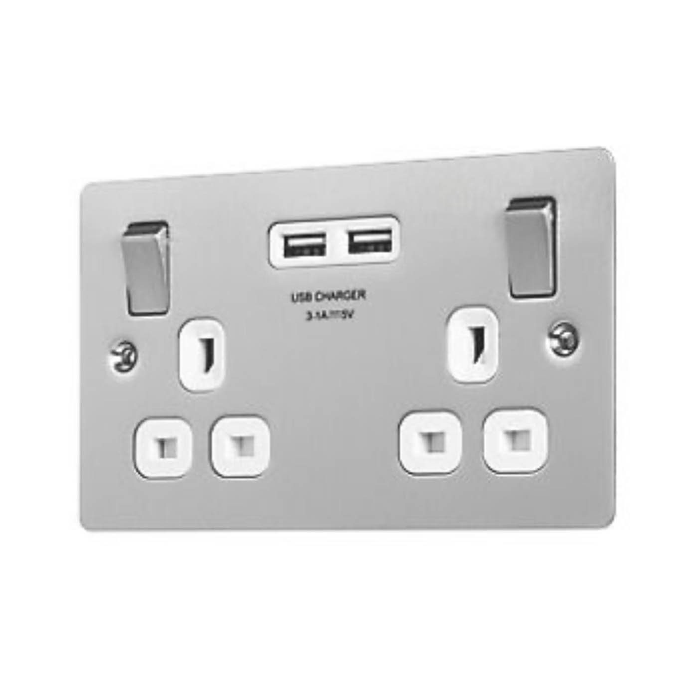 Lap Wall Socket 2-Gang 13A SP Switched USB Brushed Stainless Steel Raised - Image 2