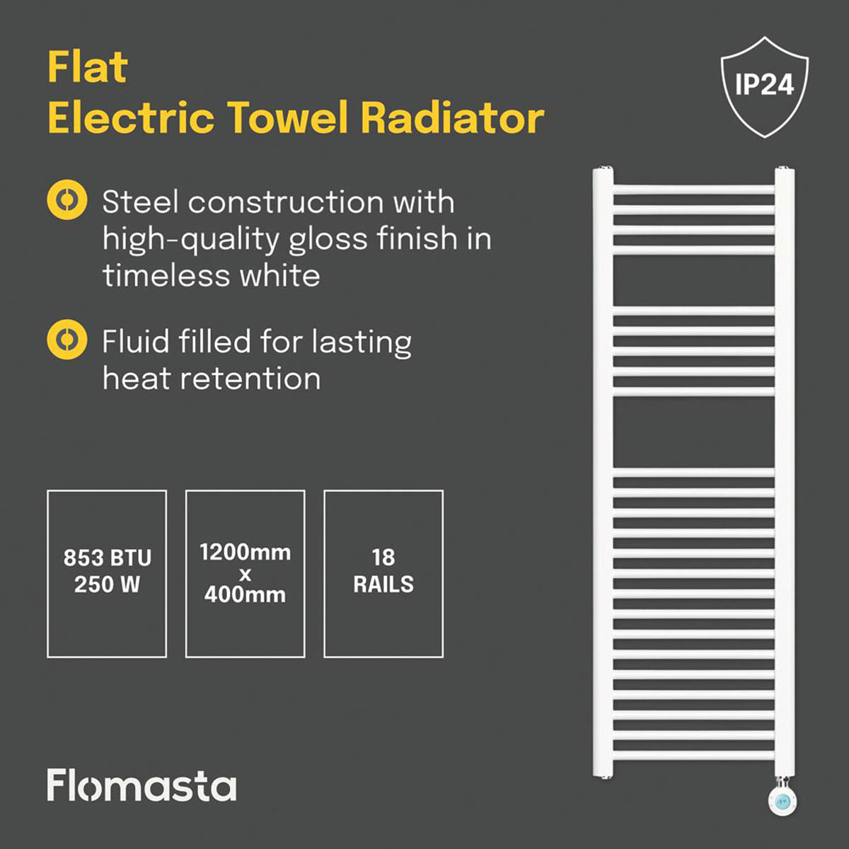 Flomasta Towel Radiator Electric White Flat Pre-Filled Warmer 1200x400mm 853BTU - Image 4