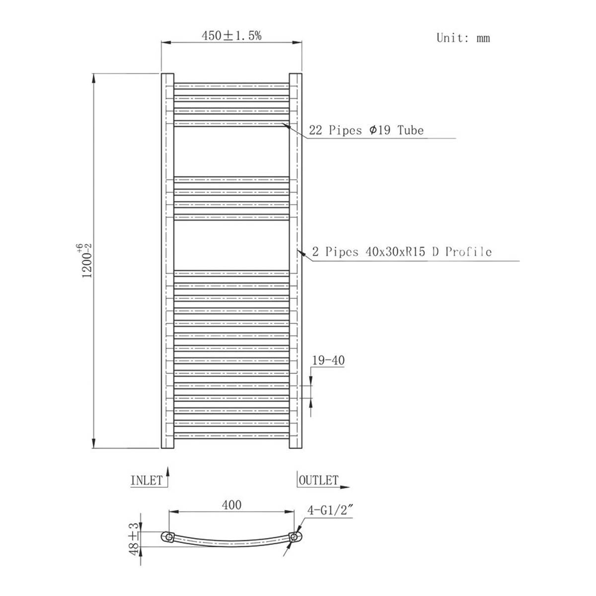 Flomasta Towel Rail Radiator White Curved Warmer Gloss 1200mm x 450mm 1672BTU - Image 5