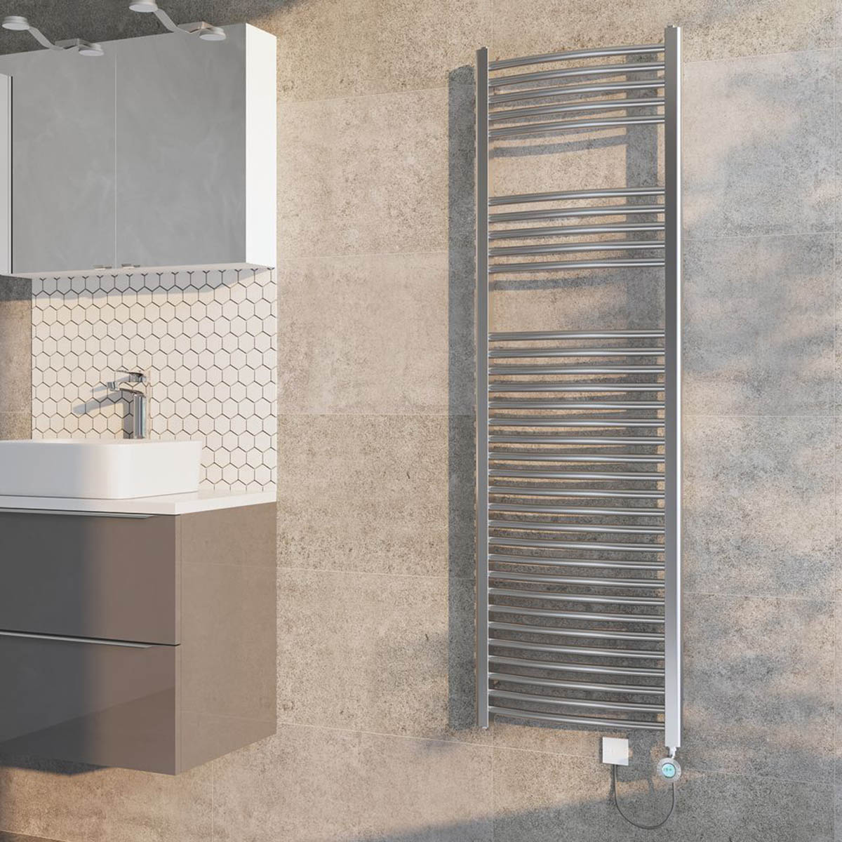 Flomasta Towel Radiator Electric Chrome Curved Bathroom 1600mm x 500mm 1706BTU - Image 2