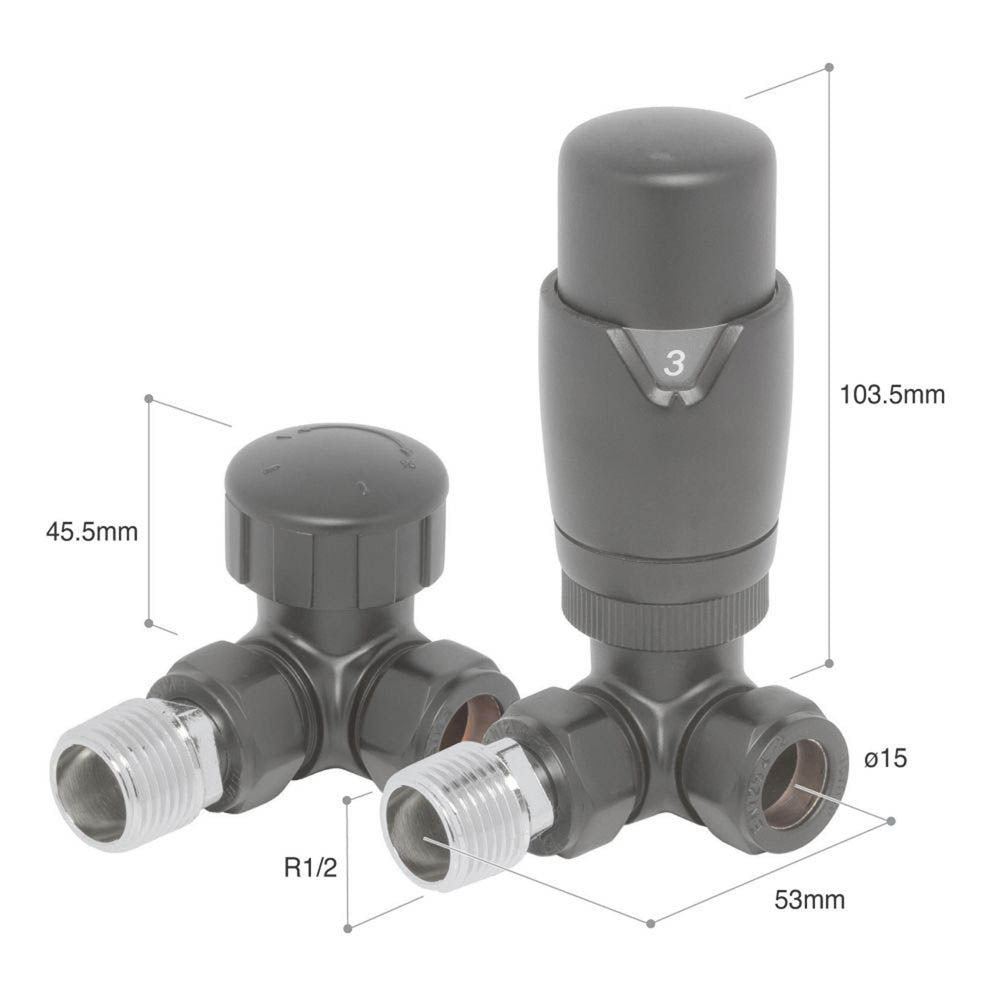 Towelrads Radiator Valve And Lockshield Thermostatic Angled 15mm x 1/2" Grey - Image 2