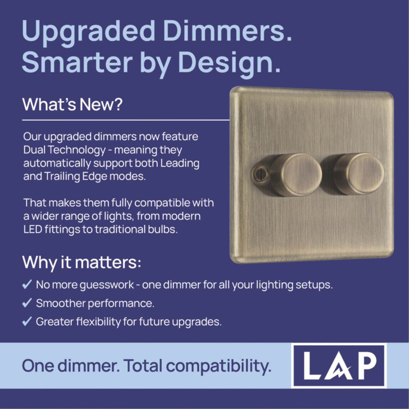 LAP 2-Gang 2-Way LED Dimmer Switch Antique Brass with Colour-Matched Inserts - Image 3