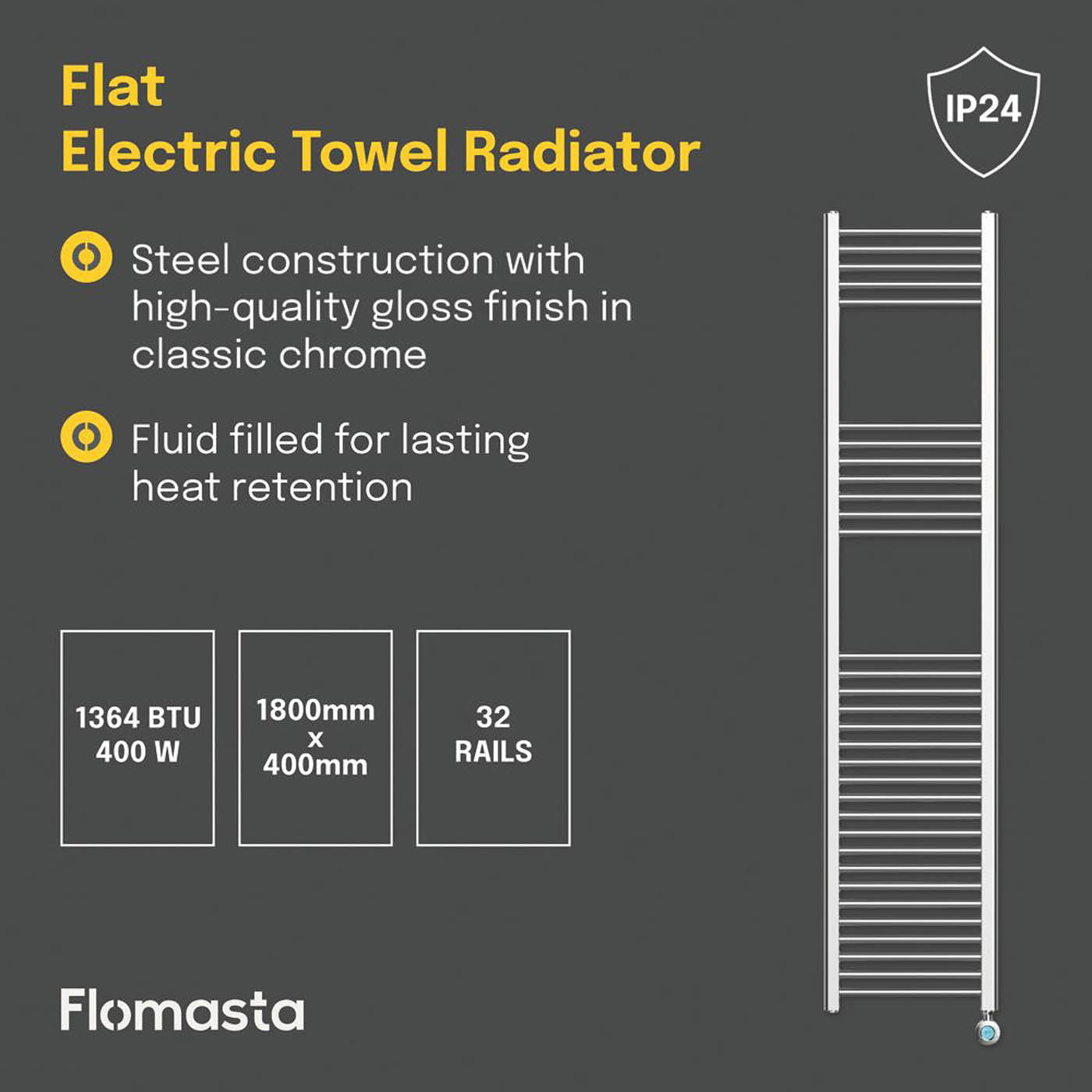 Flomasta Electric Towel Rail Radiator Chrome Flat Bathroom Warmer 180x40cm - Image 4
