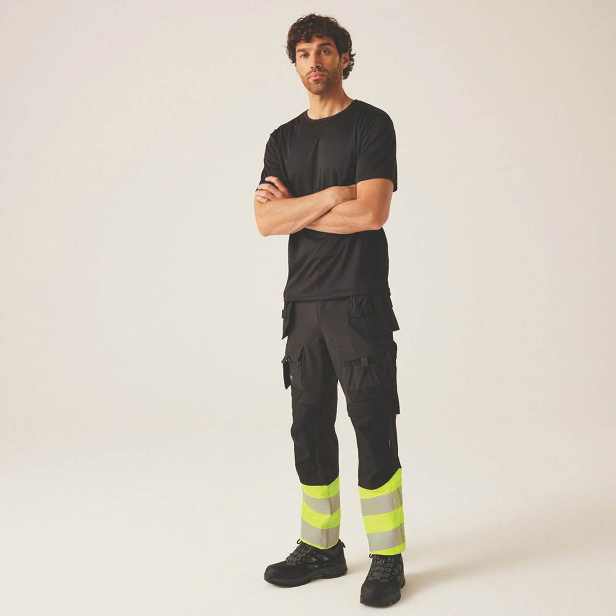 Regatta Hi Vis Work Trousers Mens Slim Fit Black Yellow Multi Pockets 38W 32L - Image 5