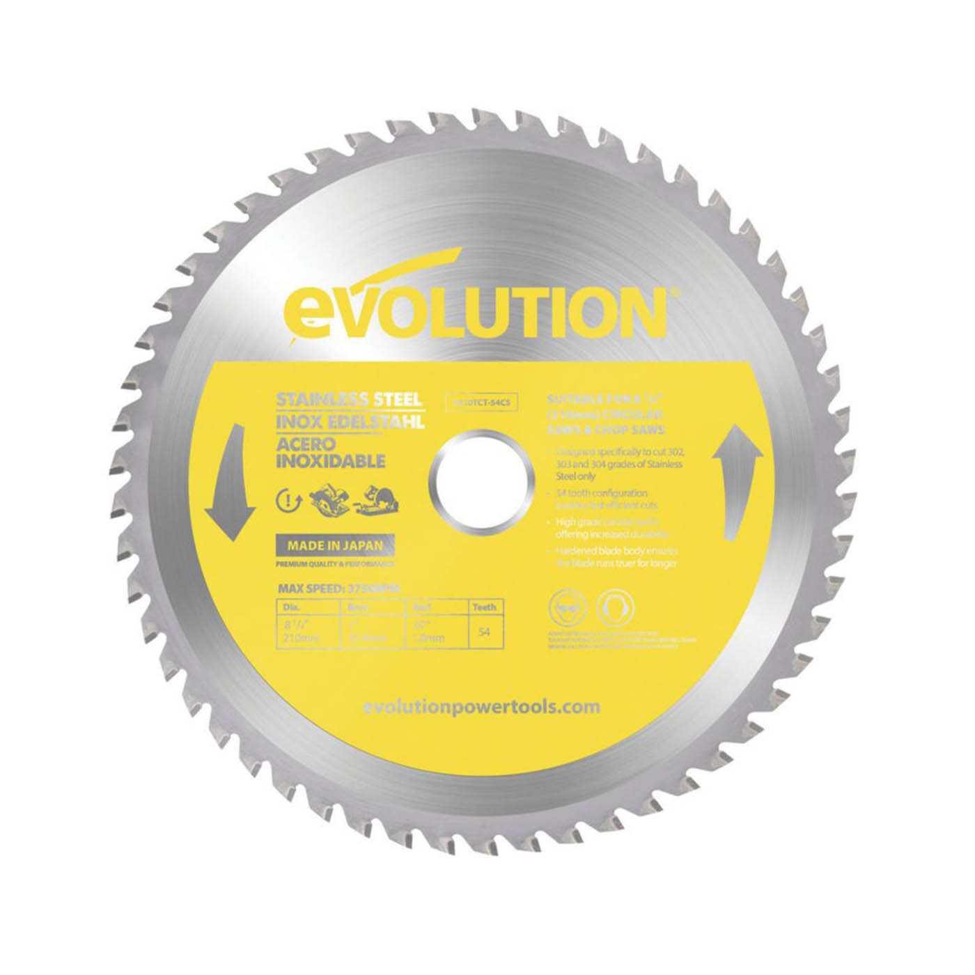 Evolution Circular Saw Blade S210TCT-54CS Stainless Steel 210mm x 25.4mm 54T - Image 1