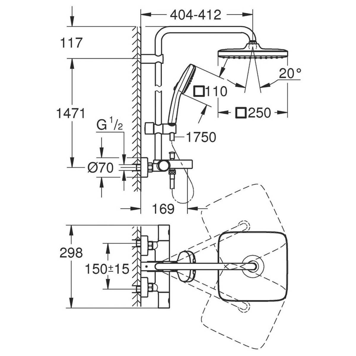 Grohe Thermostatic Shower System Exposed Chrome Bath Outlet Twin Square Head - Image 2