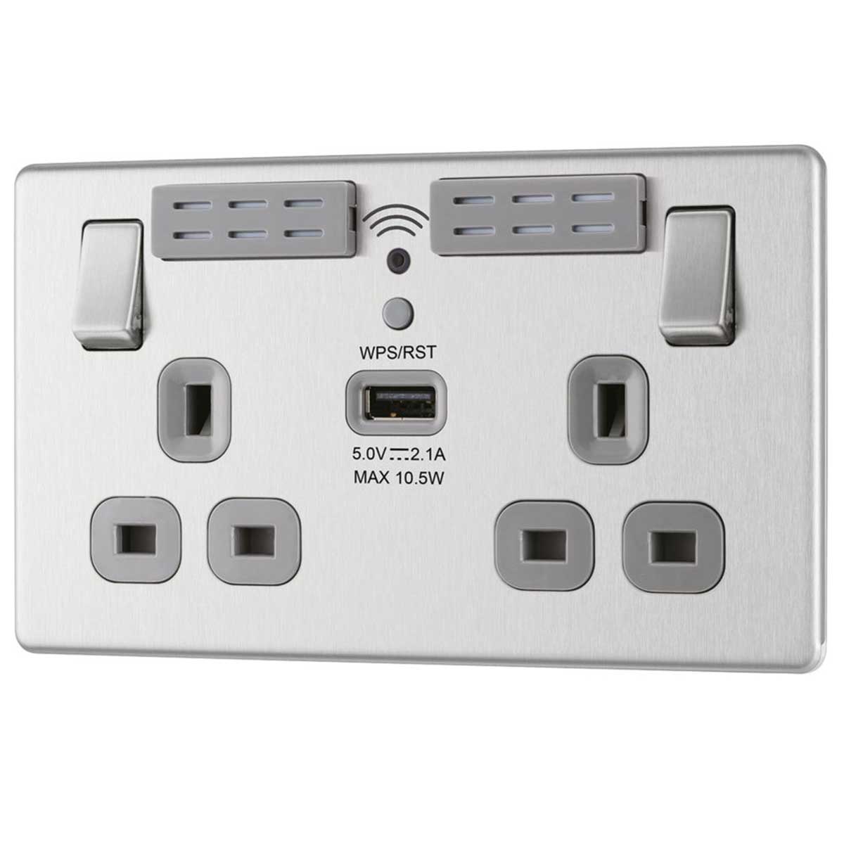 Switched Wall Socket Wi-Fi Type A USB Charger 13A 2-Gang Brushed Stainless Steel - Image 1