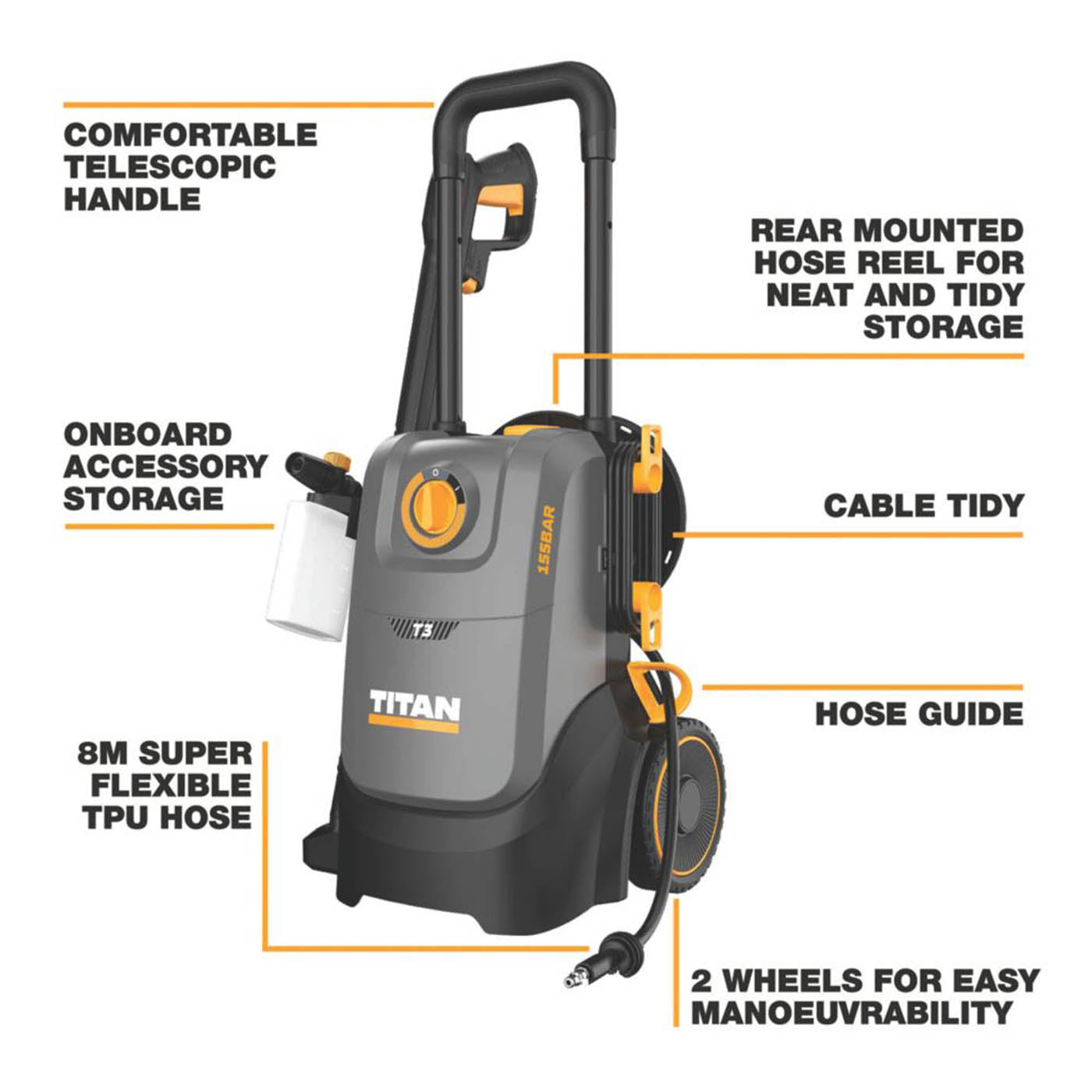 Titan Pressure Washer Electric TTB1288PRW 155bar Home Car Jet Cleaner 2200W - Image 3