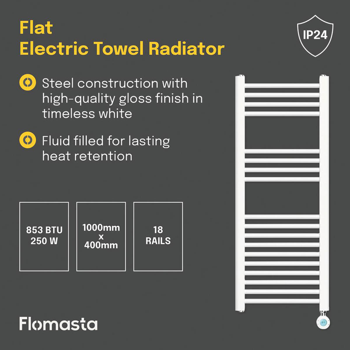 Flomasta Electric Towel Radiator Flat White Programmable 1000mm x 400mm 853BTU - Image 4