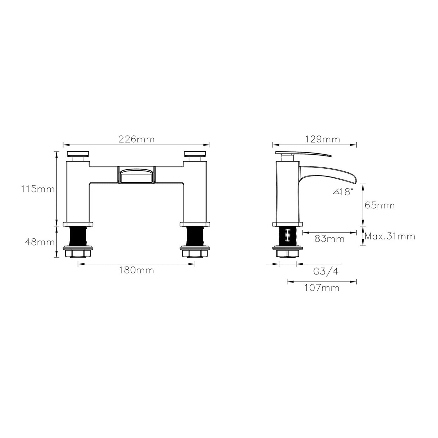 Bath Filler Tap Dual Lever Manual Modern Chrome Plated Bathroom Square - Image 4
