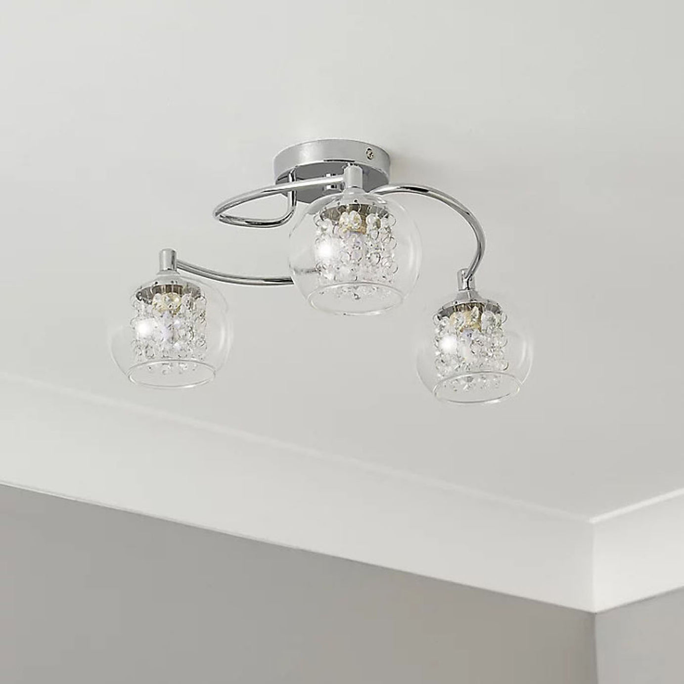 Ceiling Light 3 Way Clear Beaded Glass Globe Shades Chrome Bedroom Living Room - Image 2