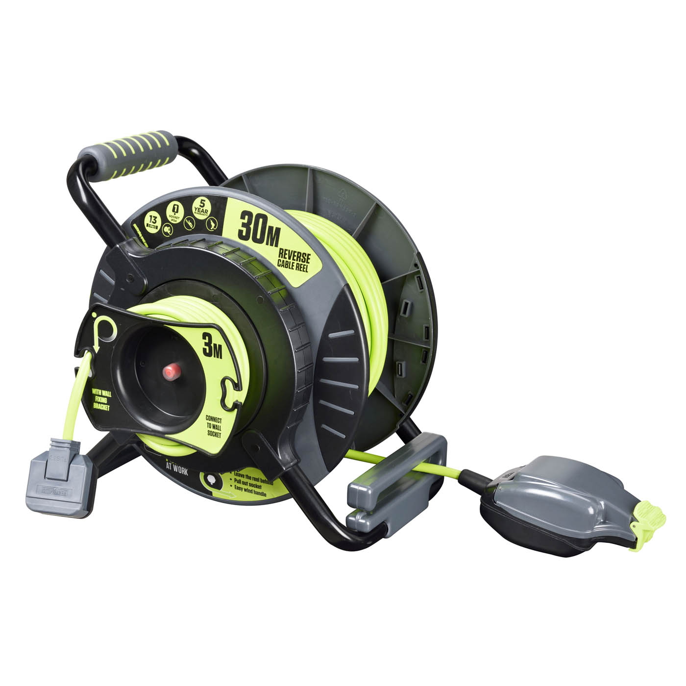 Masterplug IP54 Rated Reverse Anti Twist 1 socket Grey & green Indoor & outdoor Cable reel, 30m - Image 6