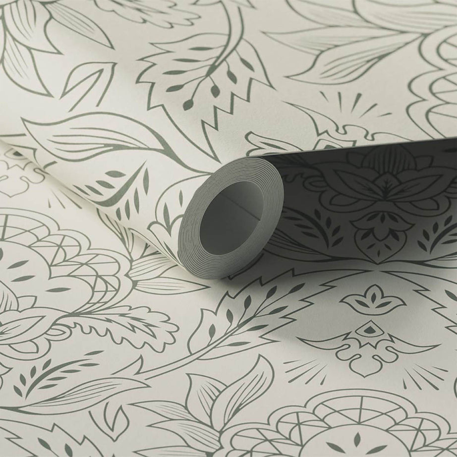 Wallpaper Damask 01 Textured Green White Matt Patterned Nature Erthy Modern - Image 1
