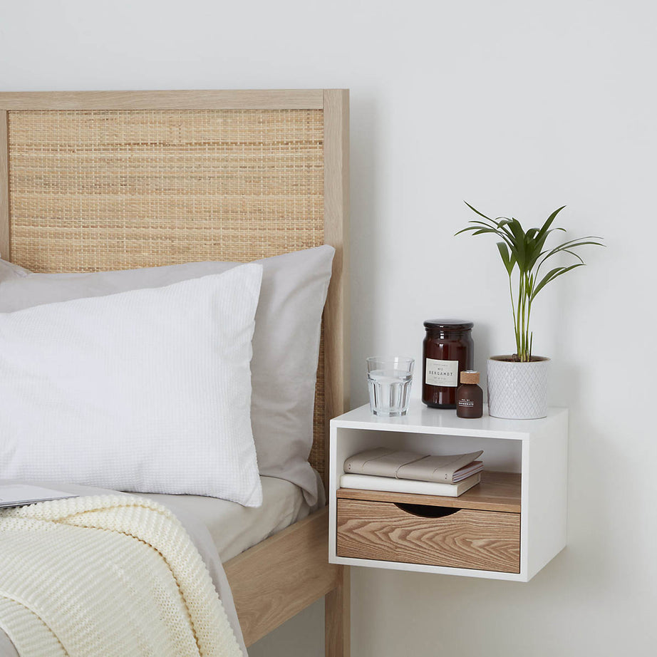 Bedside Table Cabinet Nightstand Drawer Wall Mounted Matt Ash Veneer - Image 1