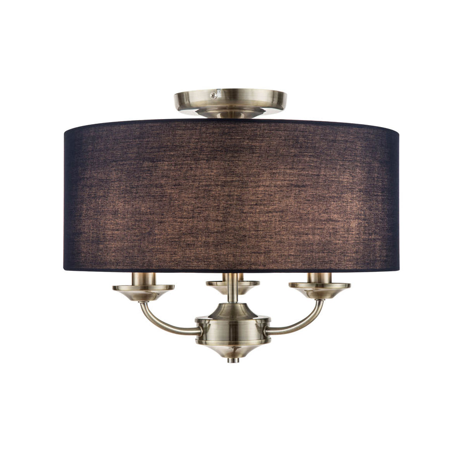 Ceiling Light 3 Lamp LED Satin Fabric Metal Navy Antique Brass Effect Round - Image 3