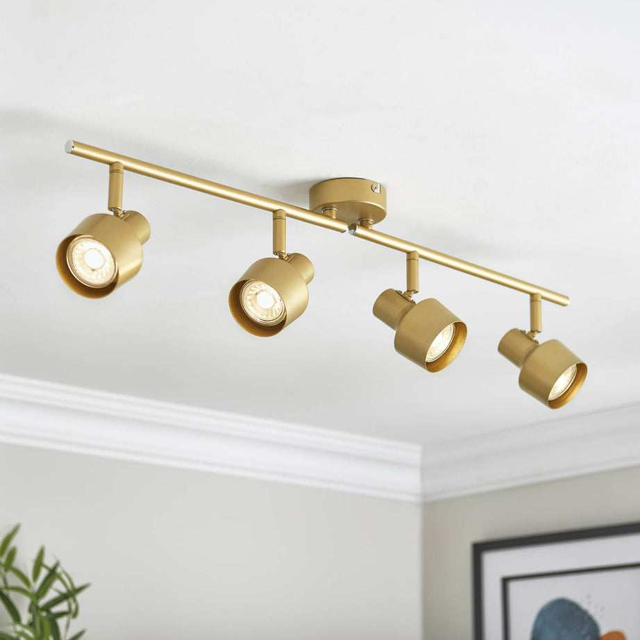 Spotlight Bar 4 Light Steel Satin Gold Effect Adjustable Heads Dimmable Modern - Image 1