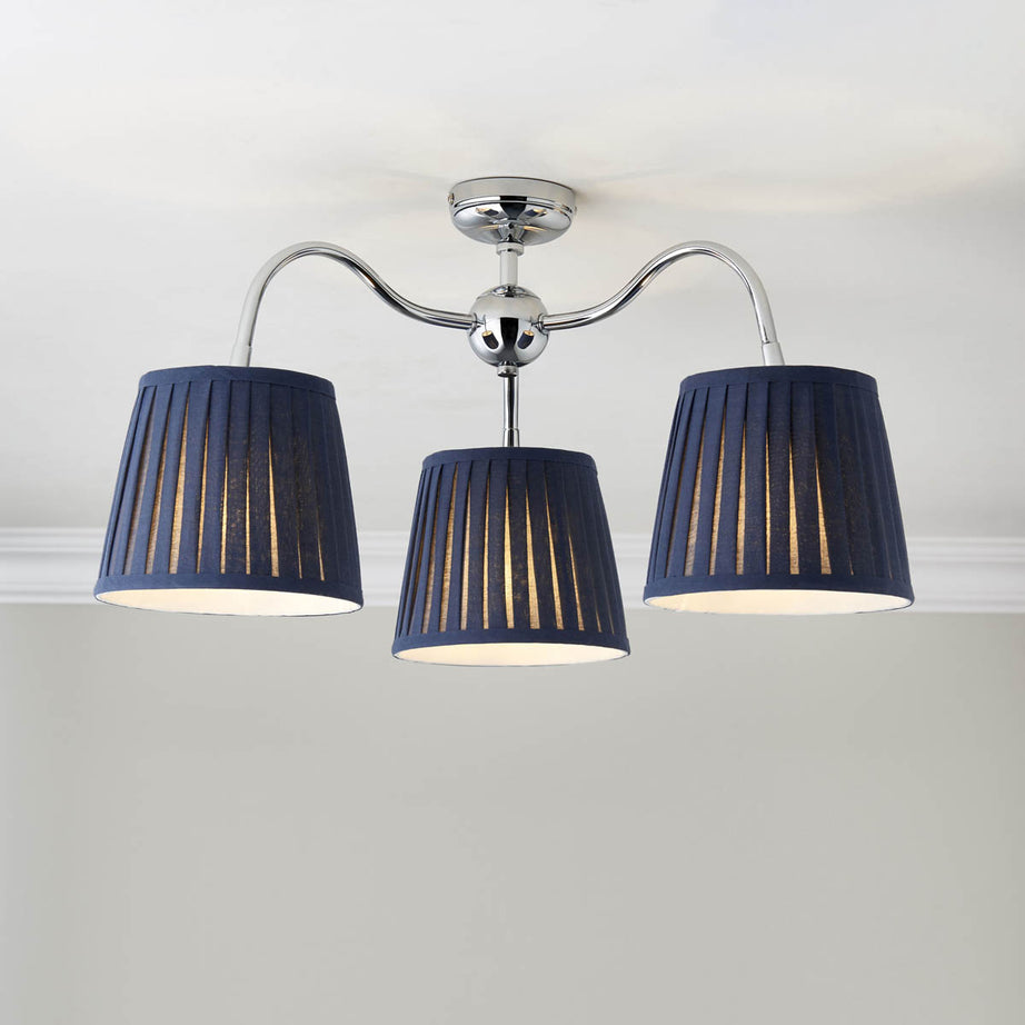 Ceiling Light 3 Lamp LED Pleated Fabric Navy Silver Metal Dimmable Contemporary - Image 1