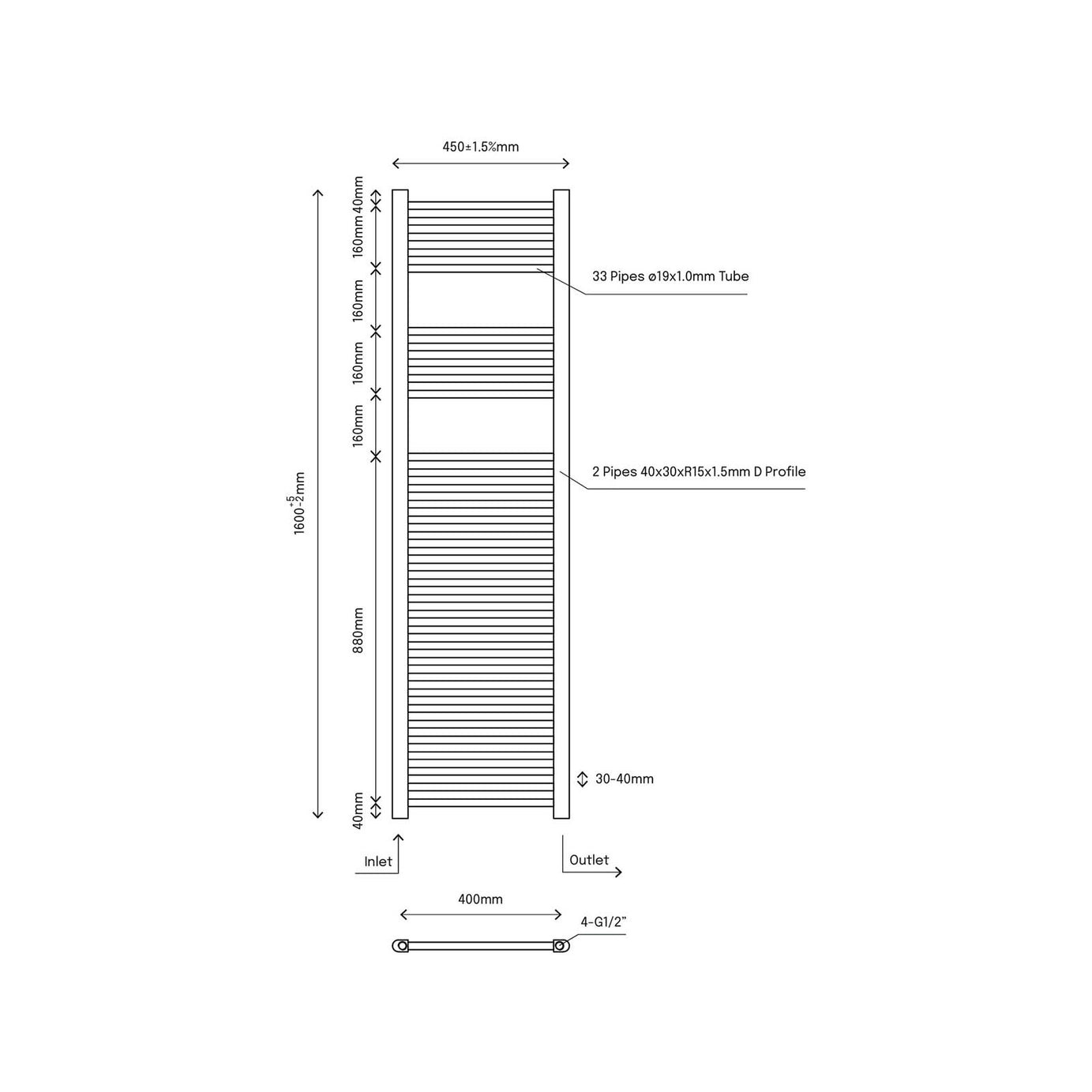 Flomasta Towel Rail Radiator Flat Chrome 1531BTU Vertical Bathroom H160xW45cm - Image 2