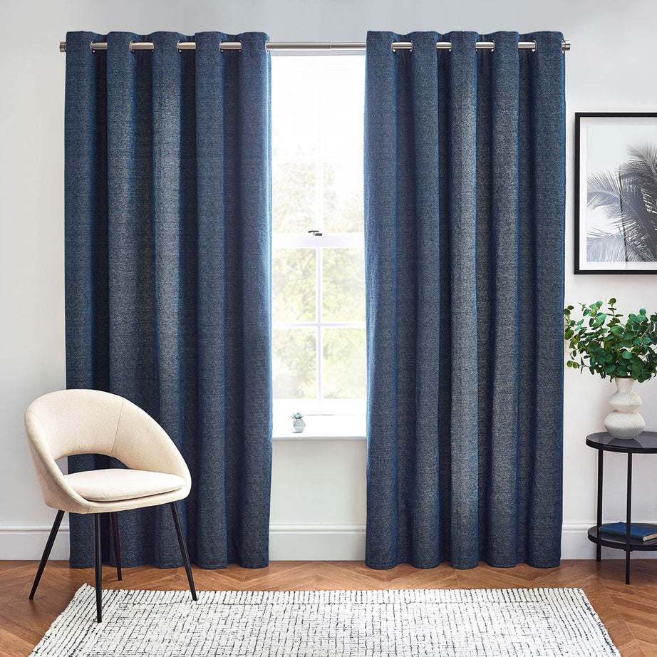 Eyelet Curtains Blue Lined Chenille Effect Ready Made Ring Top Pair W167xL228cm - Image 2