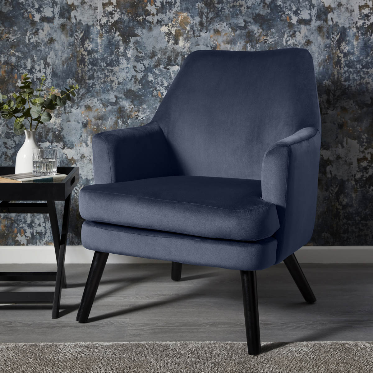 Accent Chair Velvet Armchair Dark Blue Wood Legs Living Room Bedroom Modern - Image 1