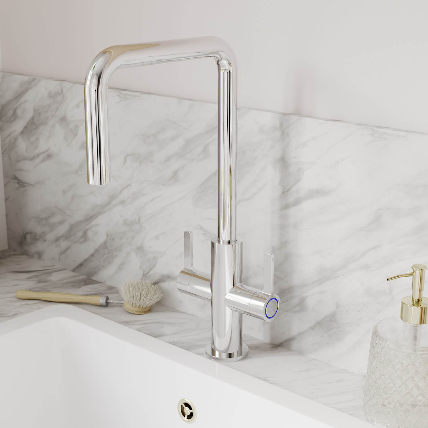 Kitchen Sink Tap Mixer Chrome Twin Lever Swivel Spout Brass Steel Contemporary - Image 2