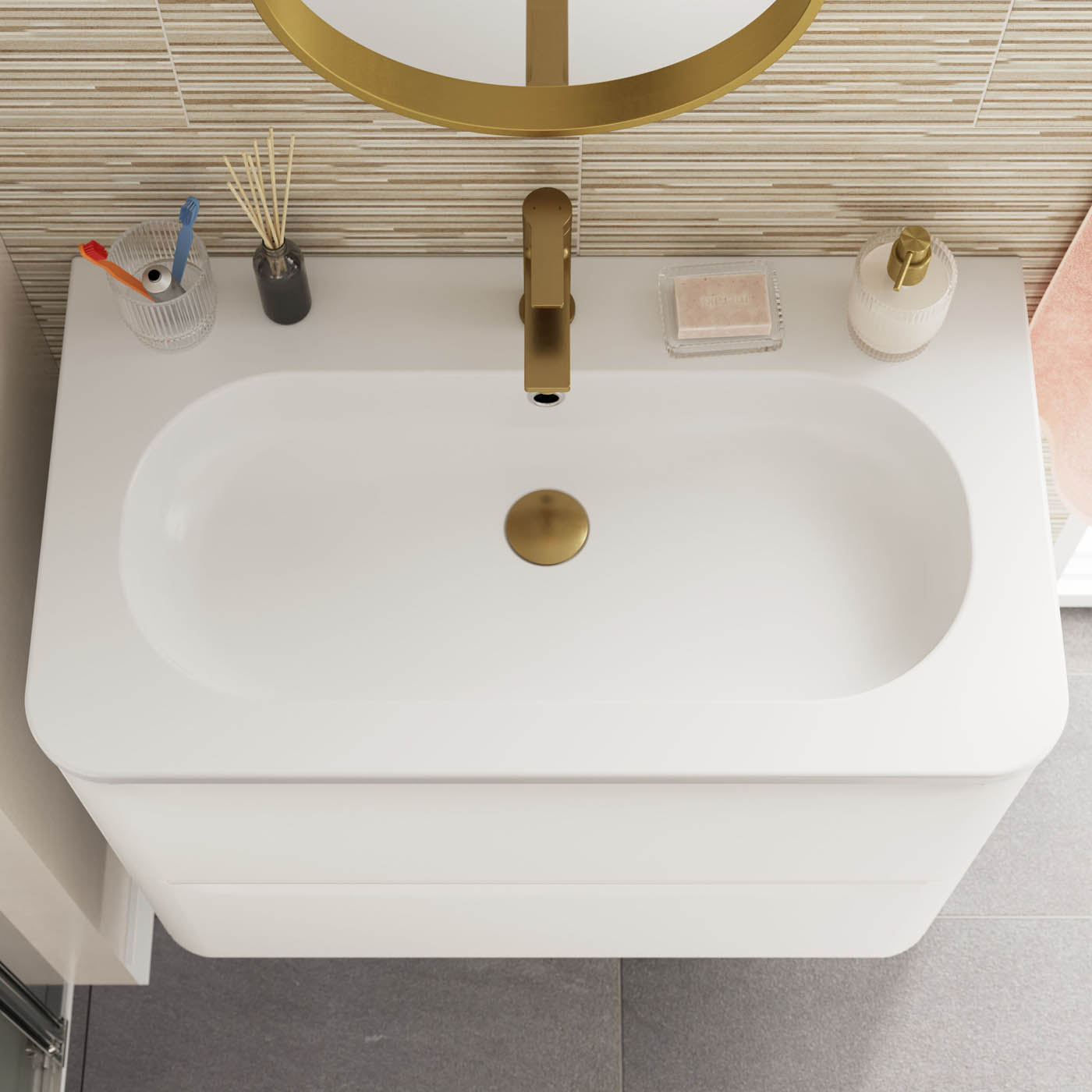 Bathroom Vanity Basin Sink Satin White Rectangular Resin Waste Modern 80.4cm - Image 5