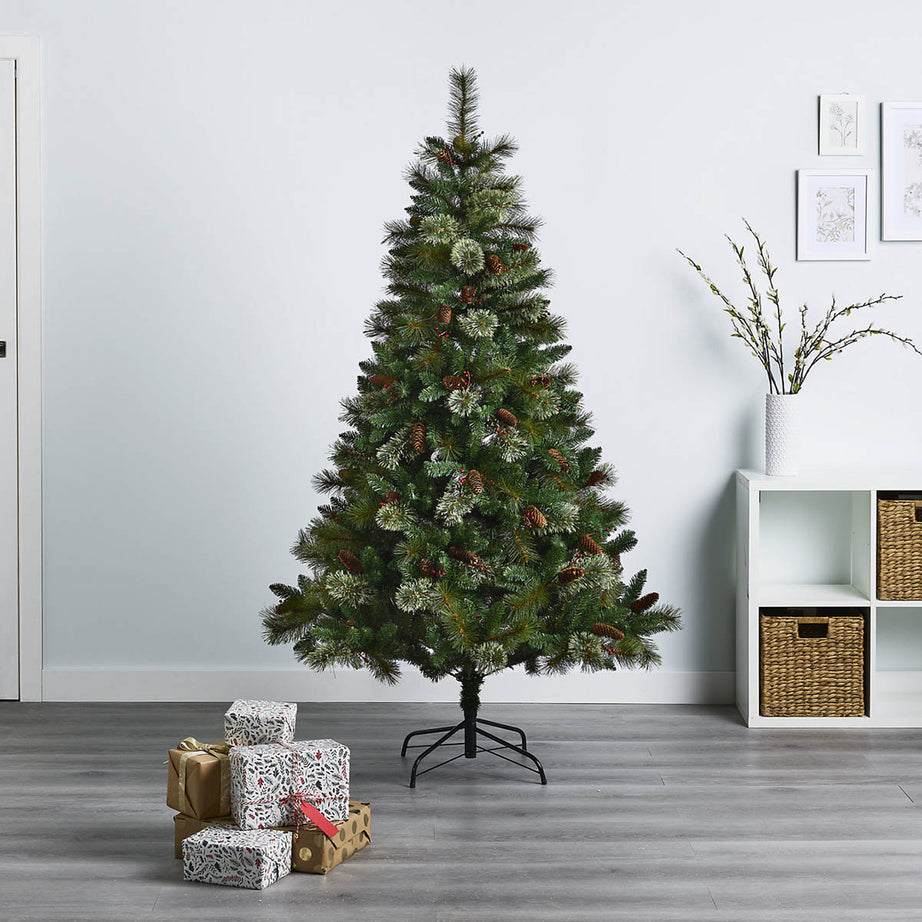 Christmas Tree 6ft Artificial Green Hinged Pre Decorated Berry Pine Cones Indoor - Image 1
