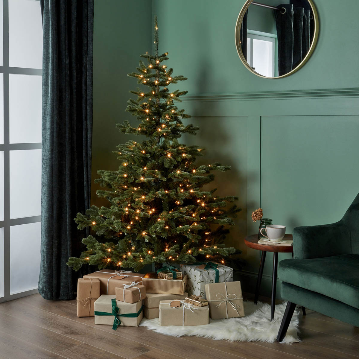 Christmas Tree 6ft Green Artificial Full Nordmann Pre Lit LED Warm White Hinged - Image 1