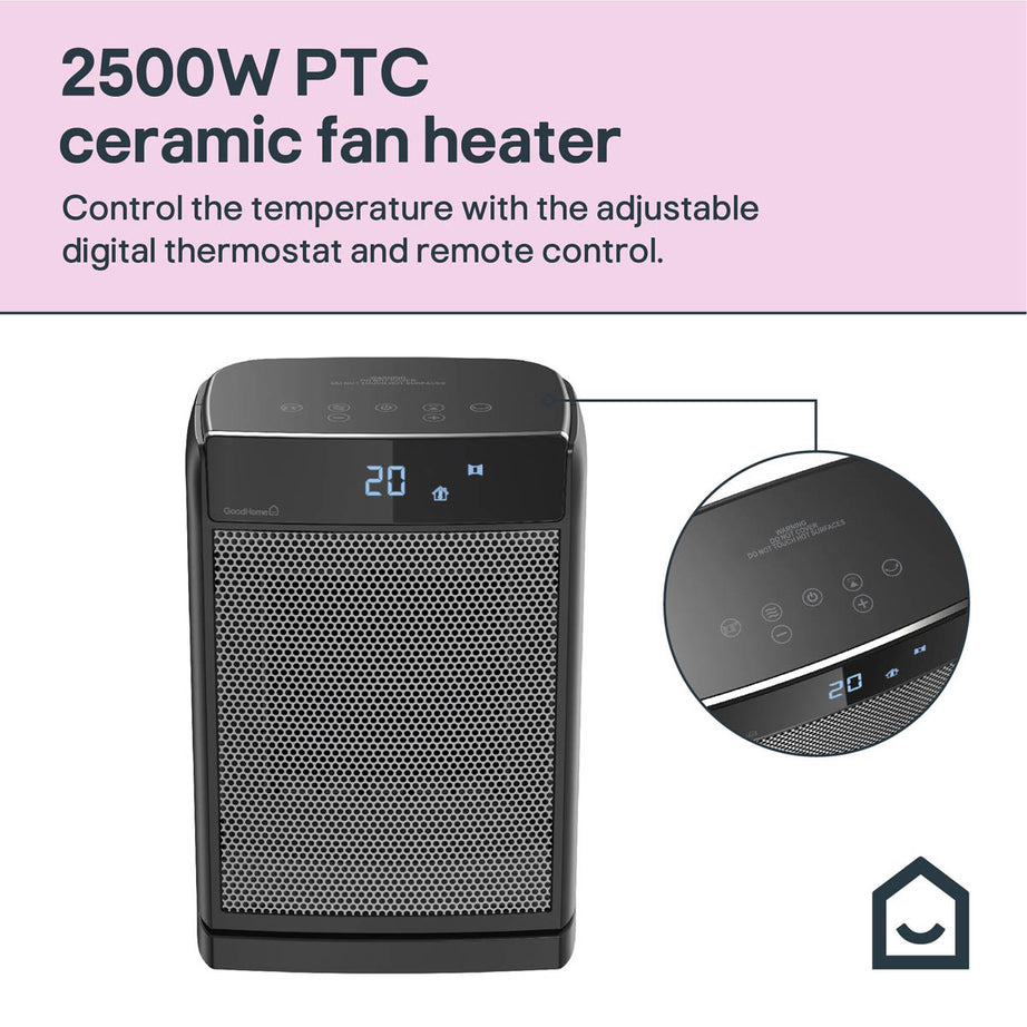 Ceramic Fan Heater PTC Black Compact Digital Touch Remote Control 2000W - Image 4