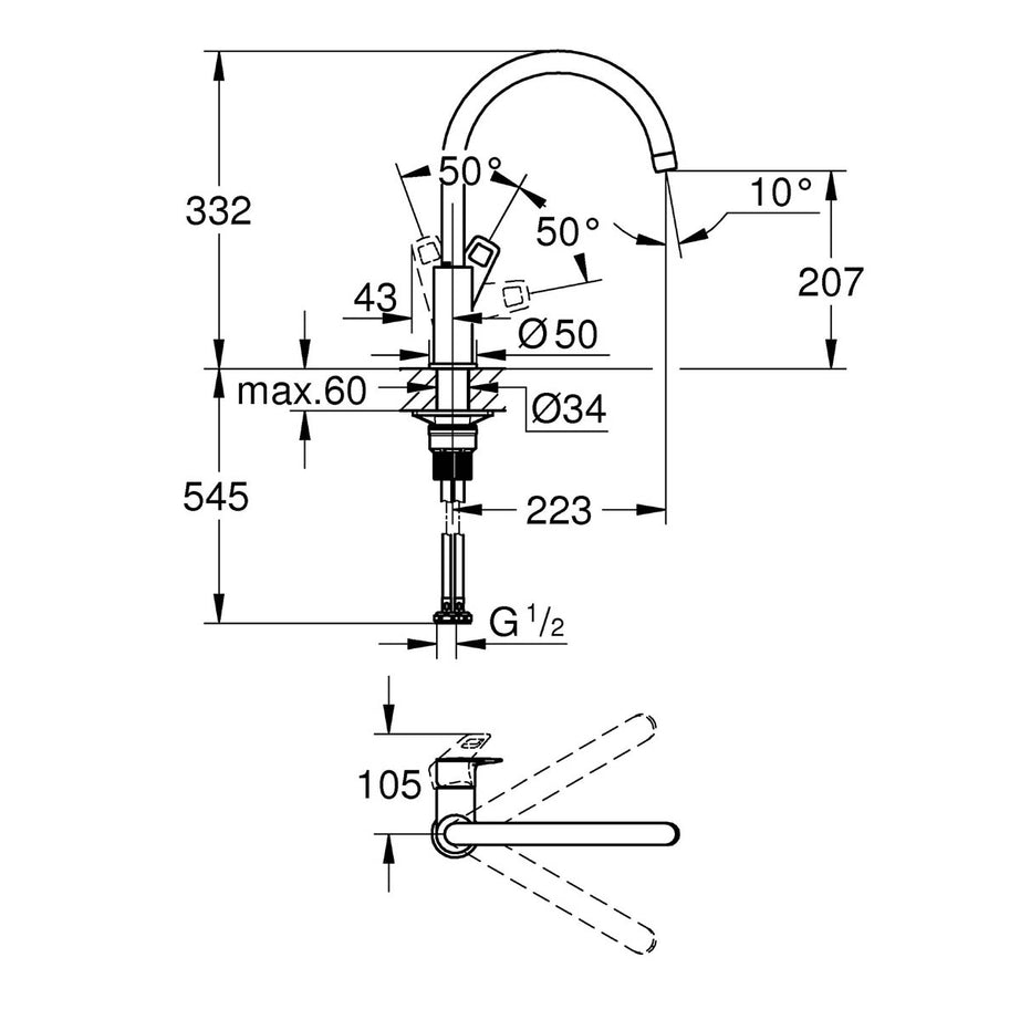 Grohe Kitchen Tap Mixer Chrome Single Lever Brass Swivel Spout Modern Faucet - Image 2