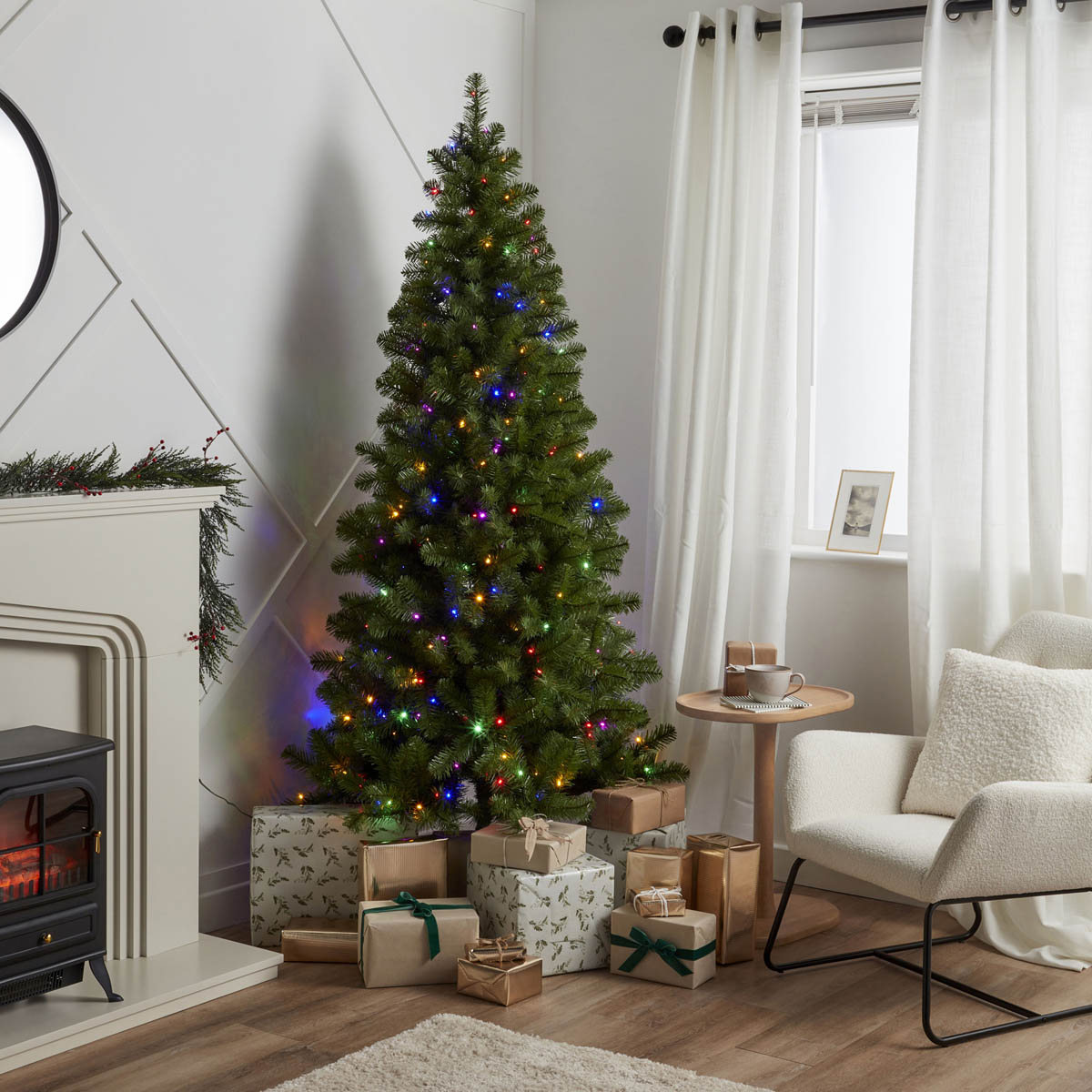 Christmas Tree 6ft Pre-Lit Green Artificial LED 200 Multicolour Hinged Indoor - Image 6