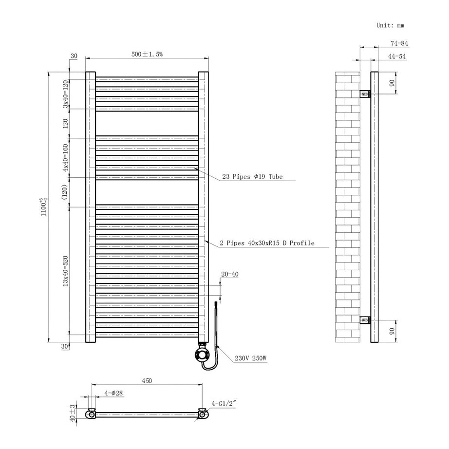 Flomasta Electric Towel Rail Radiator Brass Flat Bathroom Warmer (H)110x(W)50cm - Image 5