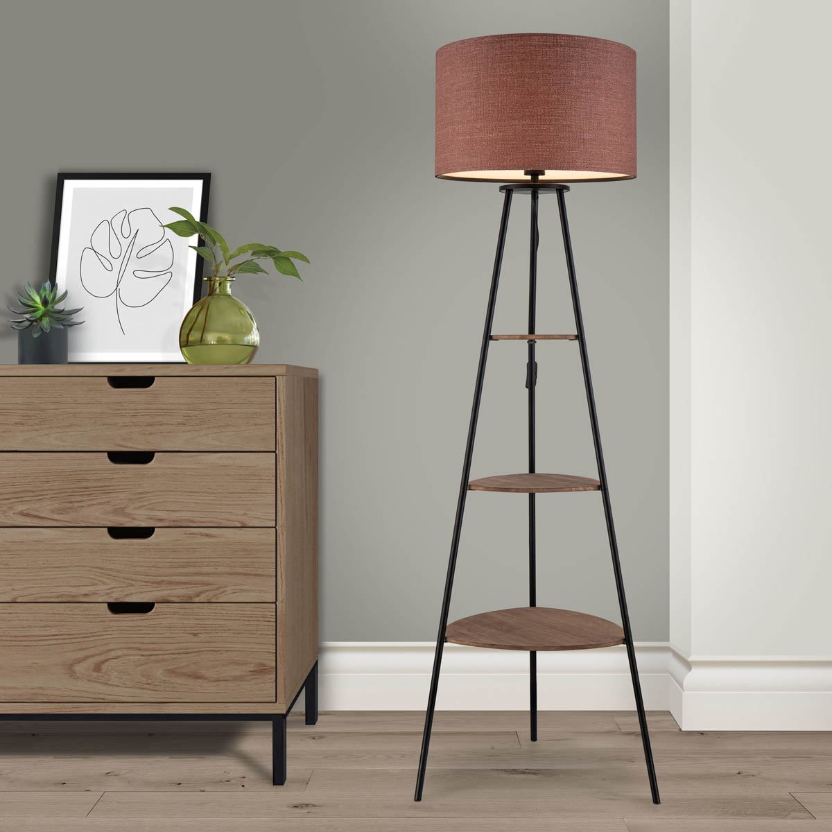 Floor Lamp 3 Tier Shelf Matt Terracotta Fabric Metal Living Room Modern 155cm - Image 1