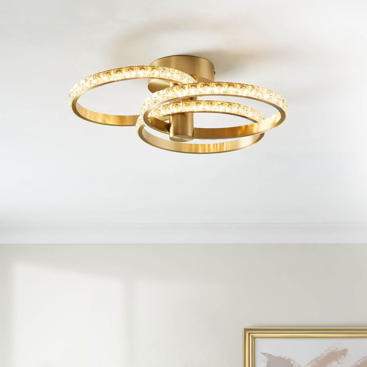 LED Ceiling Light Satin Glass Steel Brushed Gold Effect Warm White Living Room - Image 1