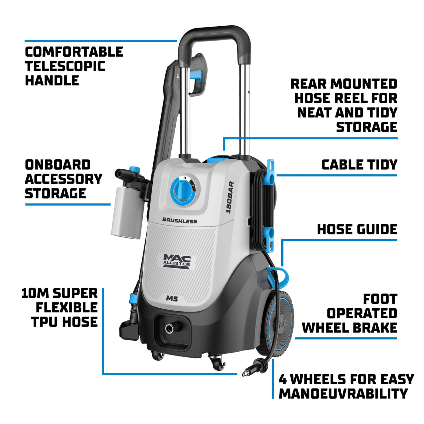 Mac Allister High Pressure Washer Jet M5 Corded Powerful Onboard 180bar 2.5kW - Image 2