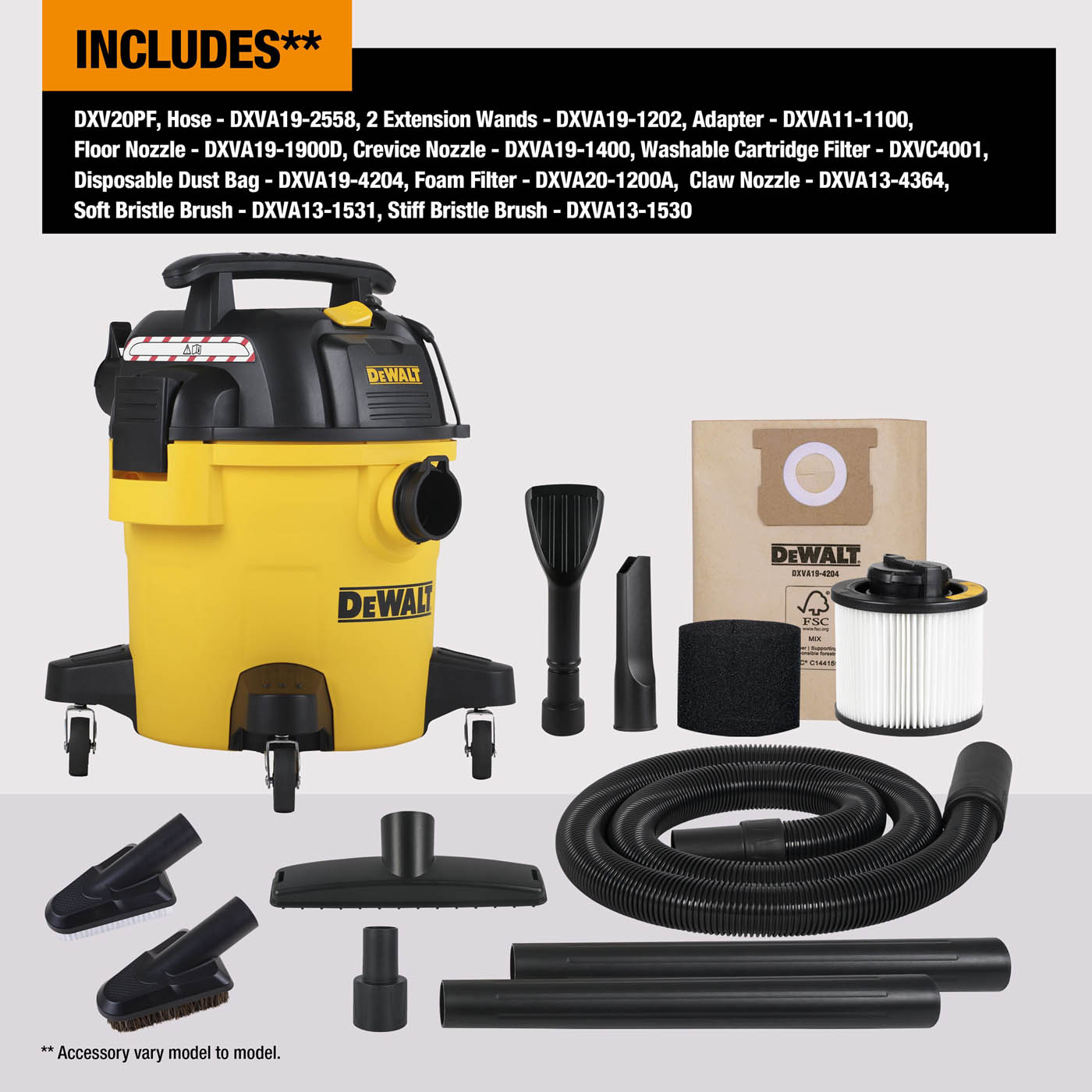 DeWalt Wet Dry Vacuum Industrial DXV20PF Yellow Compact Nozzles Swivel 20L - Image 8
